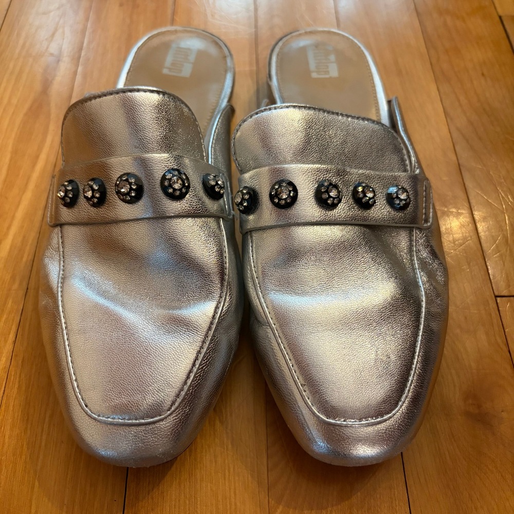 FitFlop Silver Metallic Leather Crystal Studded Mules Dynamicush IH5-011 Women 6